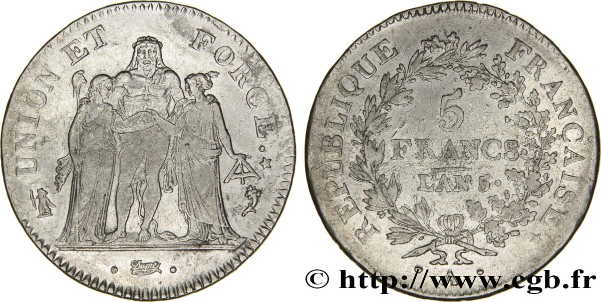 5 francs Union et Force, Union desserré, avec glands intérieurs et gland extérieur 1797 Paris F.291/3 TB28 