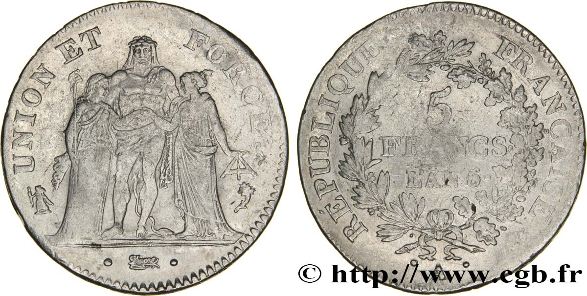 5 francs Union et Force, Union desserré, seulement gland extérieur 1797 Paris F.291/6 VF35 