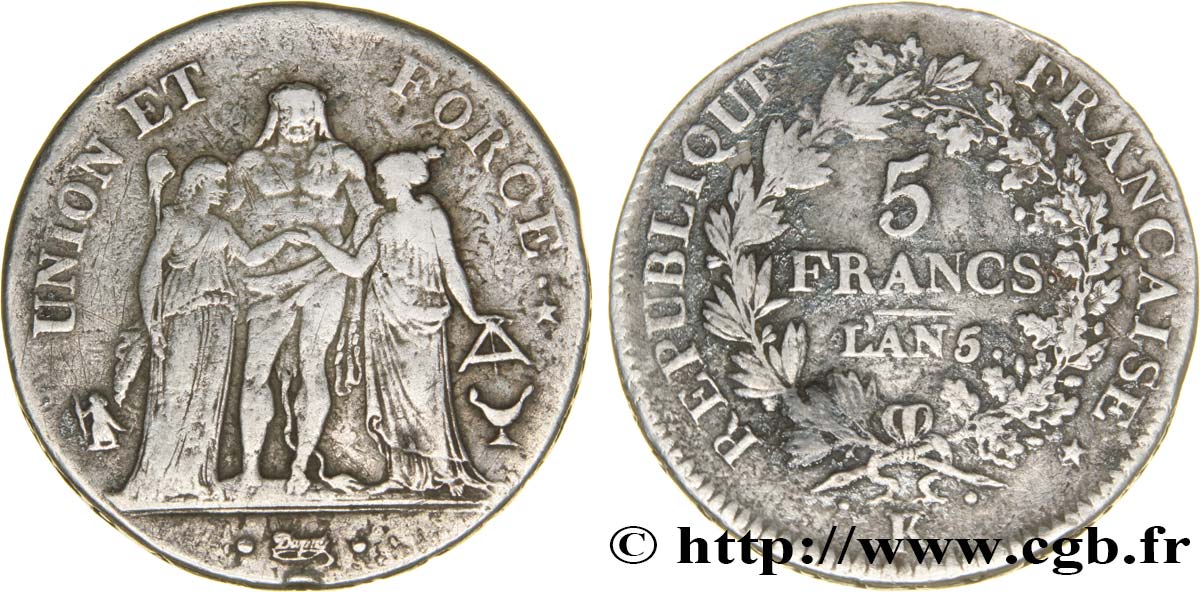 5 francs Union et Force, Union serré, avec glands intérieurs et gland extérieur 1797 Bordeaux F.288/21 BB40 