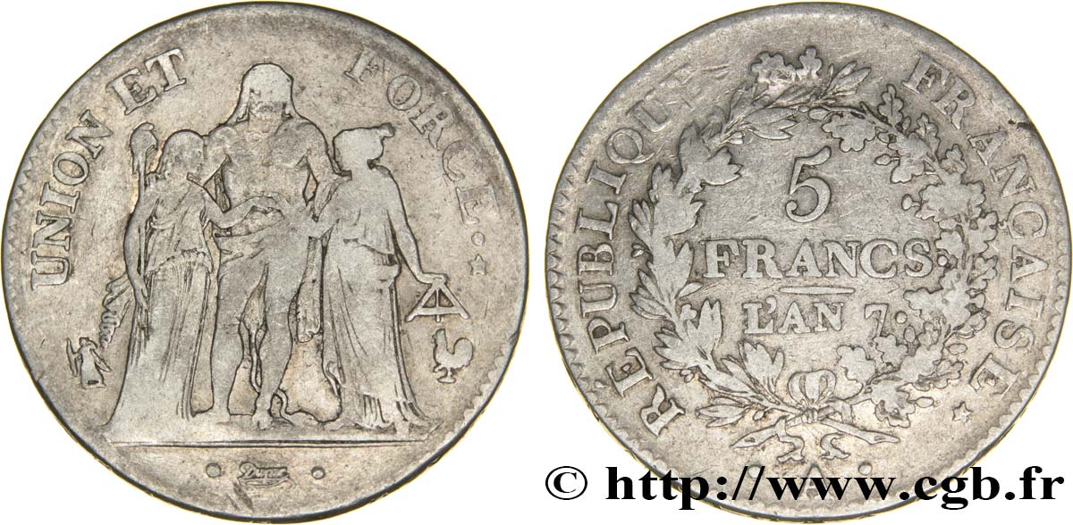 5 francs Union et Force, Union serré, avec glands intérieurs et gland extérieur 1799 Paris F.288/95 VF23 