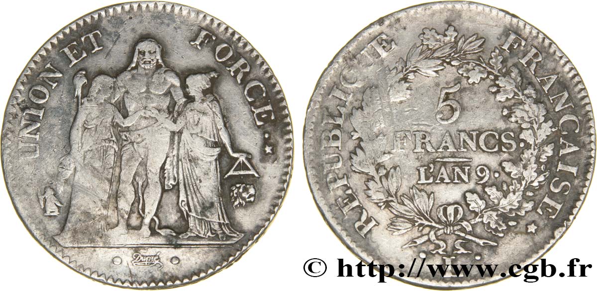 5 francs Union et Force, Union serré, avec glands intérieurs et gland extérieur 1801 Bayonne F.288/161 TB32 