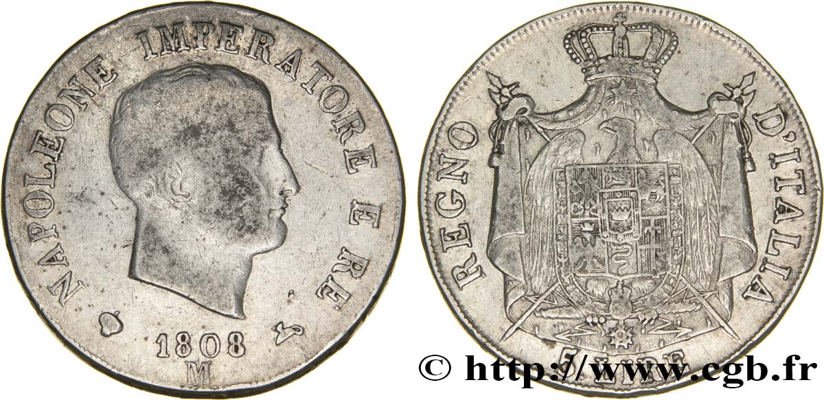 5 lire Napoléon Empereur et Roi d’Italie, 1er type, tranche en relief 1808 Milan M.218  BC25 