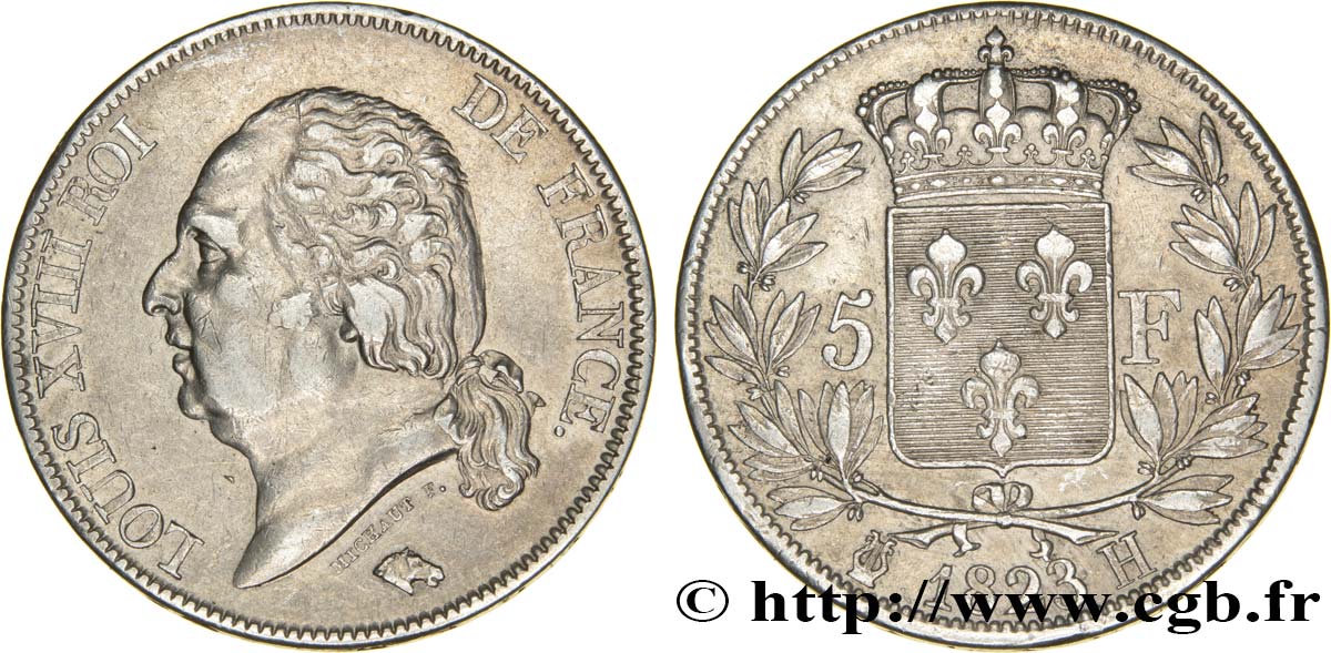 5 francs Louis XVIII, tête nue 1823 La Rochelle F.309/80 TTB45 