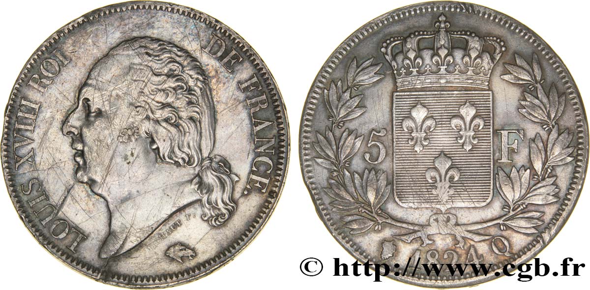 5 francs Louis XVIII, tête nue 1824 Perpignan F.309/97 AU52 