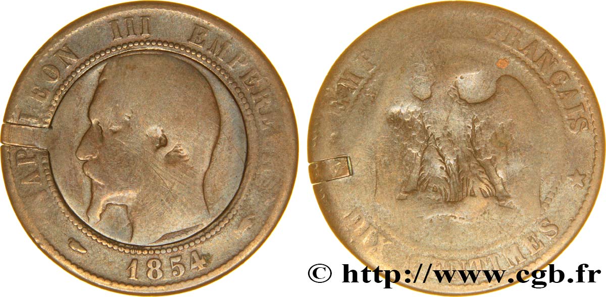 Satirique ou boîte de forçat sur Dix centimes Napoléon III, tête nue 1854 Paris F.133/11 var. B10 