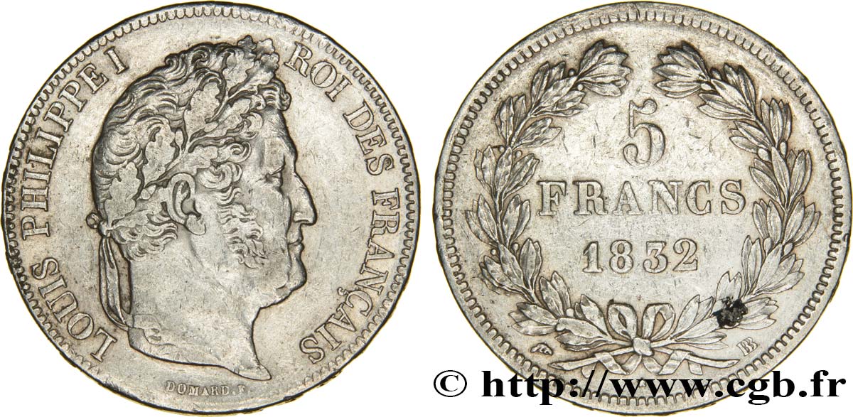 5 francs IIe type Domard 1832 Strasbourg F.324/3 XF40 