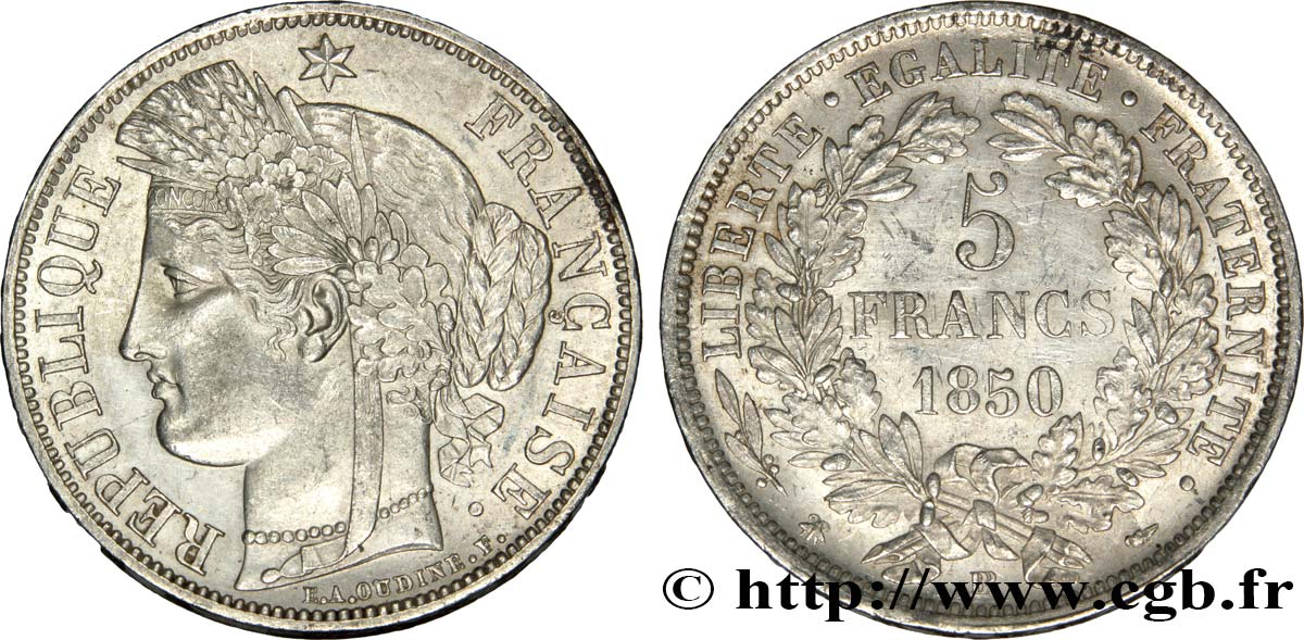 5 francs Cérès, IIe République 1850 Strasbourg F.327/5 SS52 