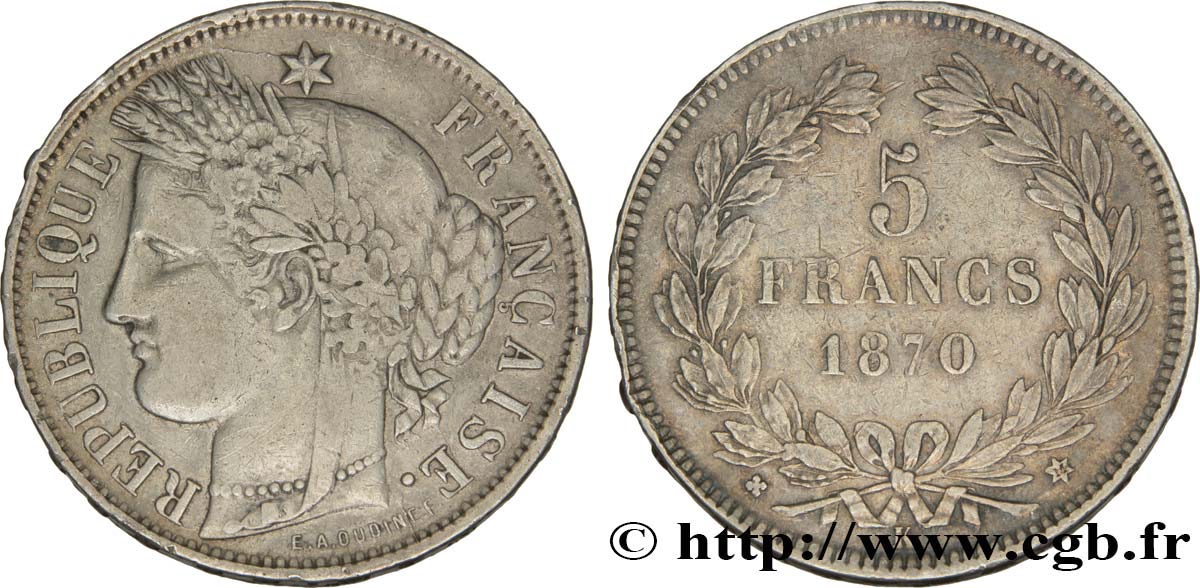 5 francs Cérès, sans légende 1870 Bordeaux F.332/4 XF40 