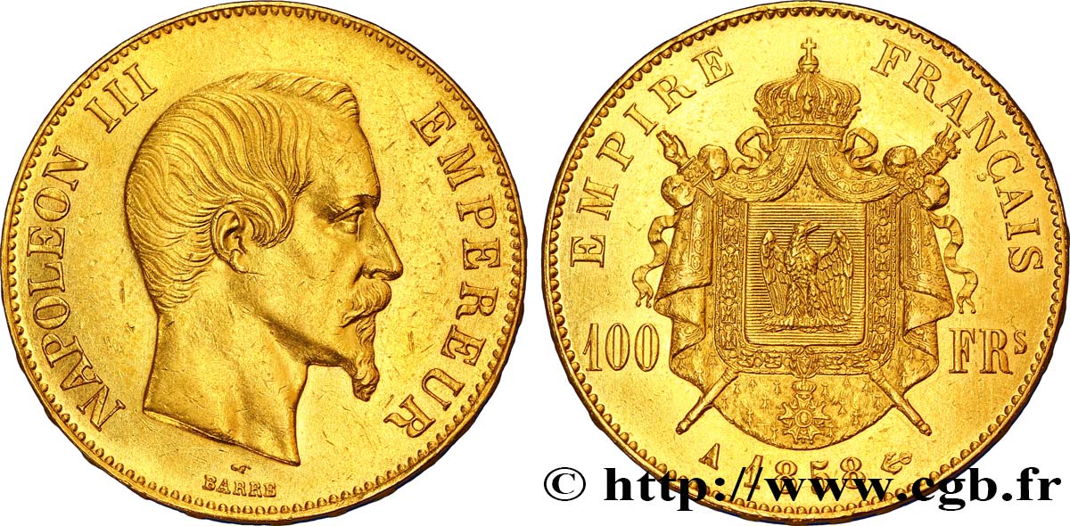 100 francs or Napoléon III, tête nue 1858 Paris F.550/5 XF45 