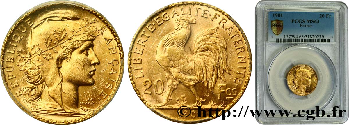 20 francs or Coq, Dieu protège la France 1901 Paris F.534/6 fST63 PCGS