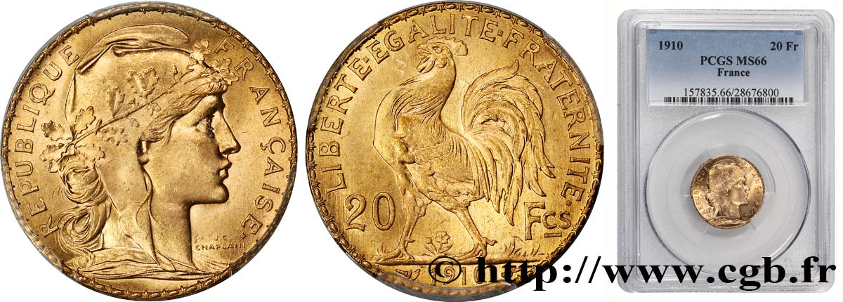 20 francs or Coq, Liberté Égalité Fraternité 1910 Paris F.535/4 SPL64 
