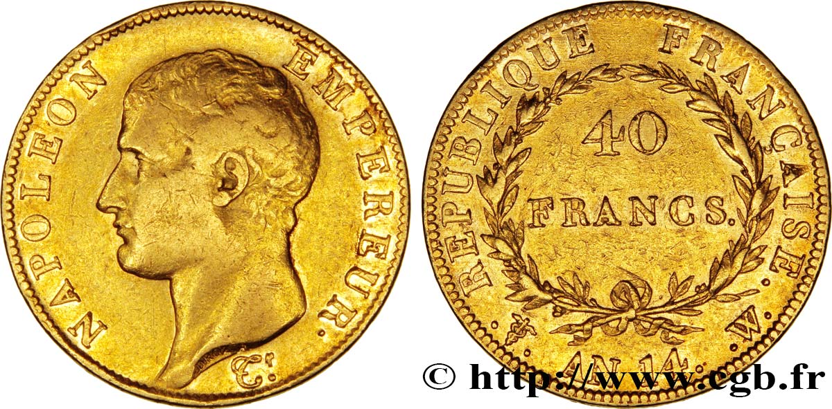 40 francs or Napoléon tête nue, Calendrier révolutionnaire 1805 Lille F.537/4 MBC45 
