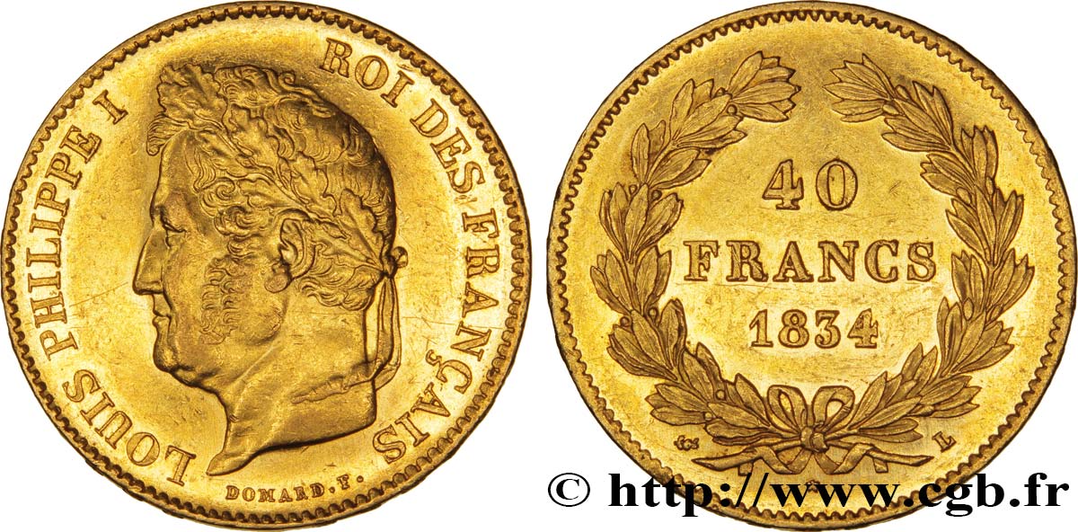 40 francs or Louis-Philippe 1834 Bayonne F.546/7 AU52 