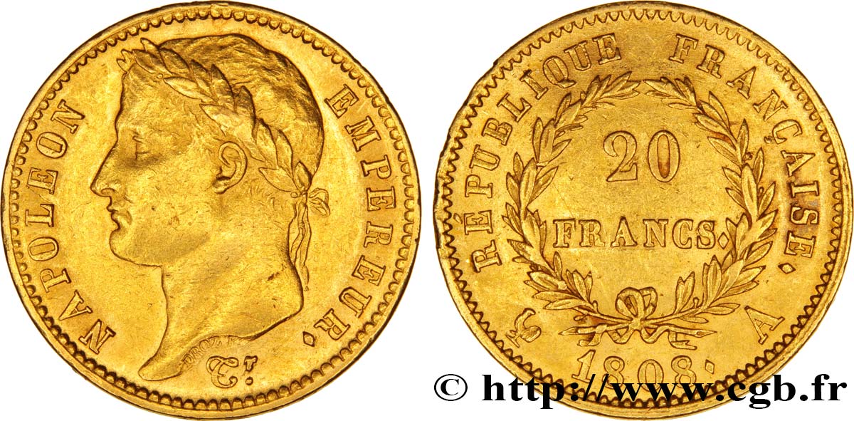 20 francs or Napoléon tête laurée, République française 1808 Paris F.515/2 EBC58 