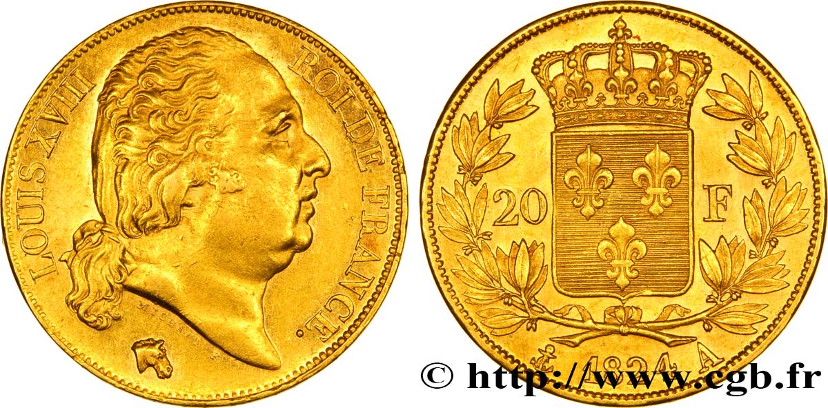 20 francs or Louis XVIII, tête nue 1824 Paris F.519/31 EBC62 