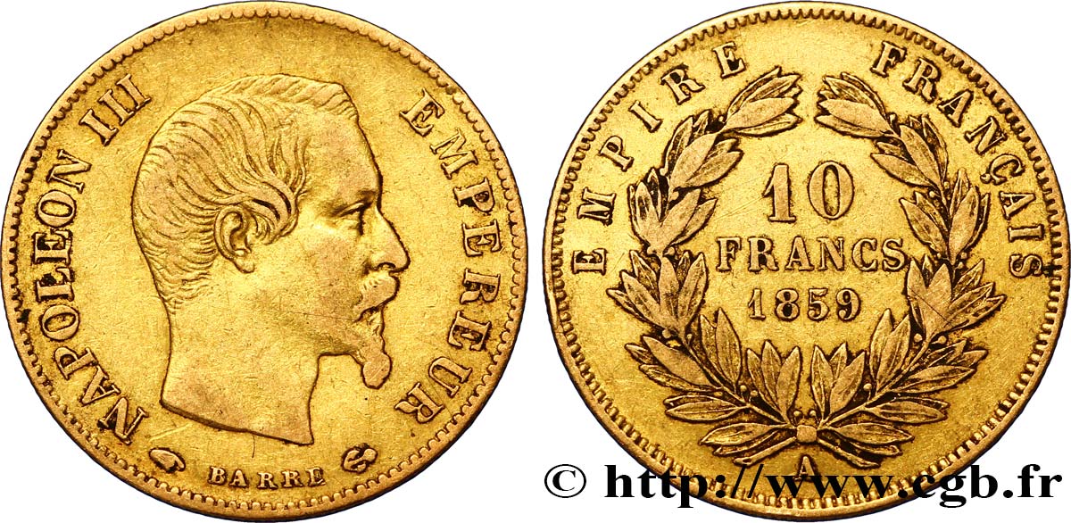 10 francs or Napoléon III, tête nue, grand module 1859 Paris F.506/7 XF40 