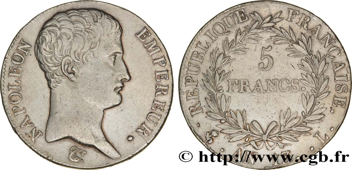5 francs Napoléon Empereur, Calendrier révolutionnaire 1805 Bayonne F.303/12 AU50 