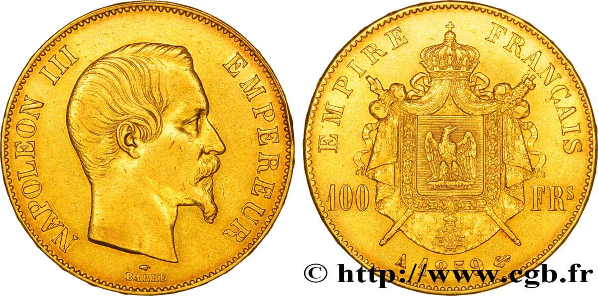 100 francs or Napoléon III, tête nue 1859 Paris F.550/7 XF45 