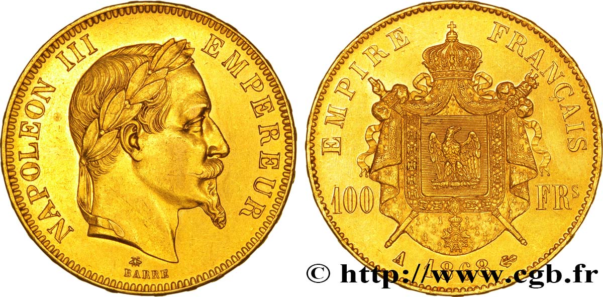100 francs or Napoléon III, tête laurée 1868 Paris F.551/10 TTB45 