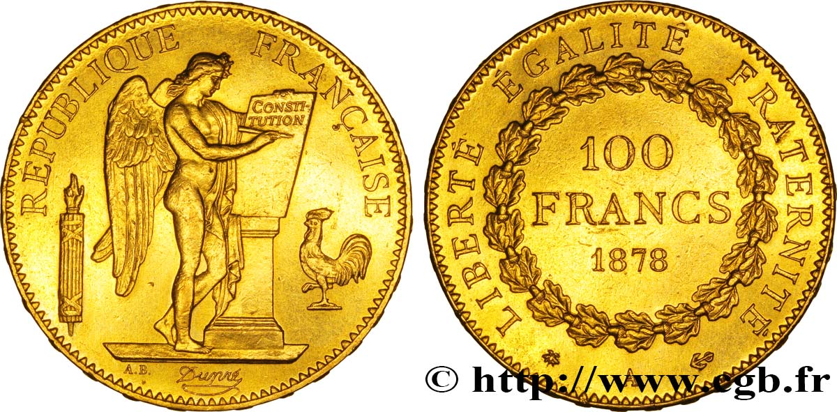 100 francs or Génie, tranche inscrite en relief Dieu protège la France 1878 Paris F.552/1 MBC45 