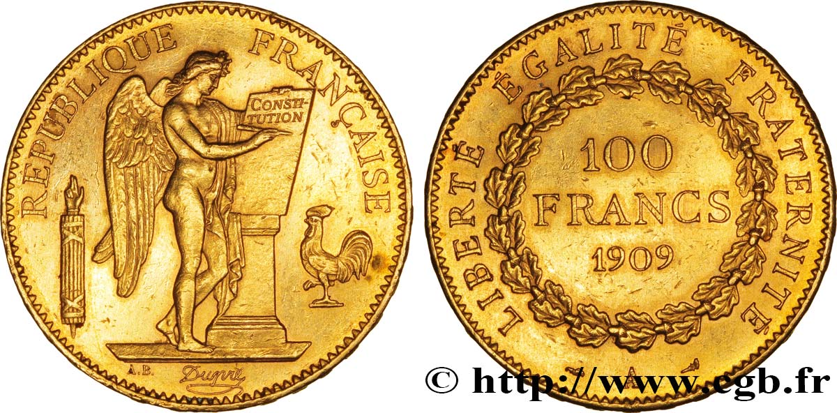 100 francs or Génie, tranche inscrite en relief Liberté Égalité Fraternité 1909 Paris F.553/3 XF45 