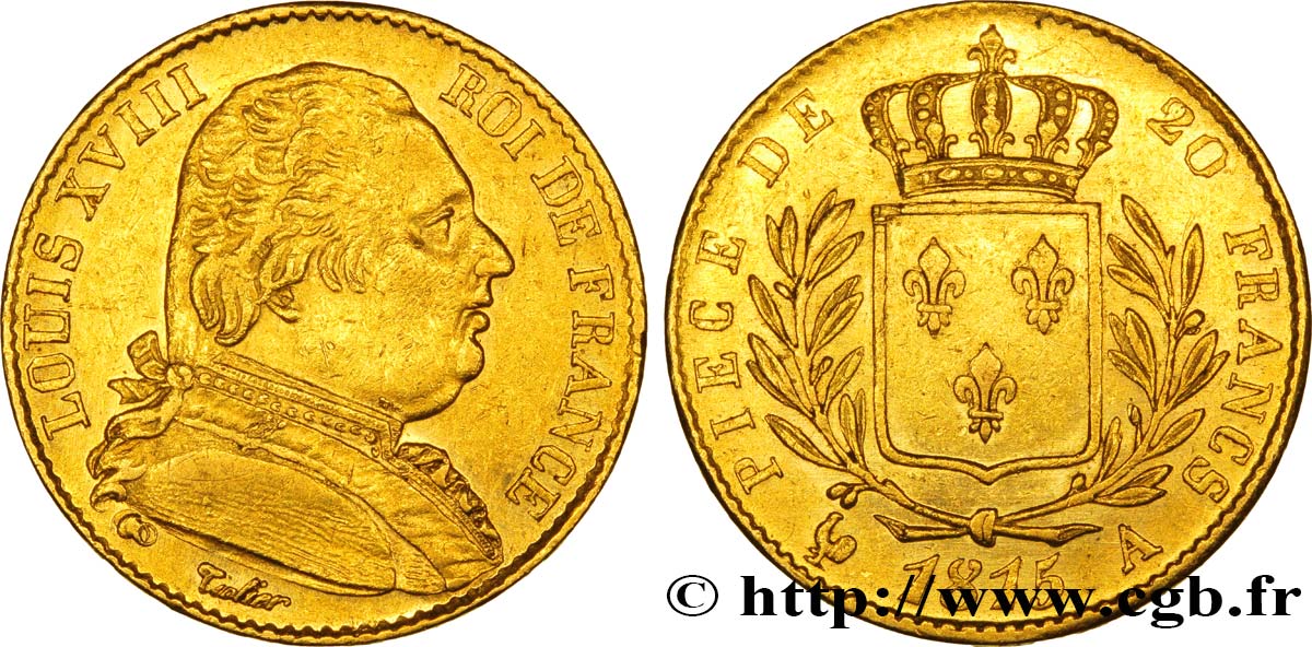 20 francs or Louis XVIII, buste habillé 1815 Paris F.517/10 AU52 