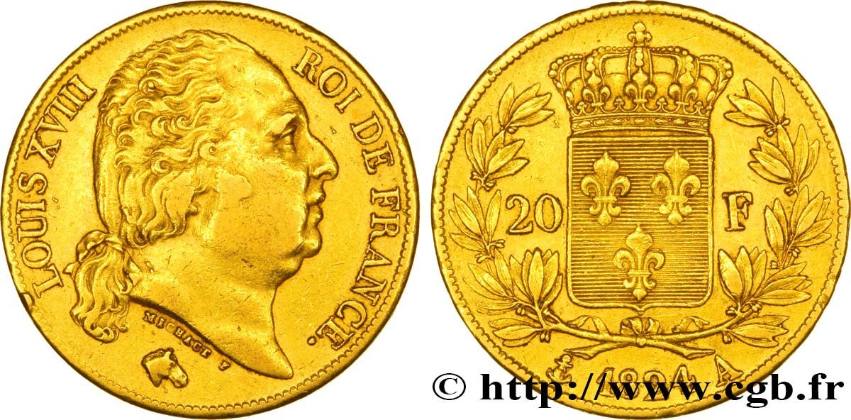 20 francs or Louis XVIII, tête nue 1824 Paris F.519/31 MBC48 