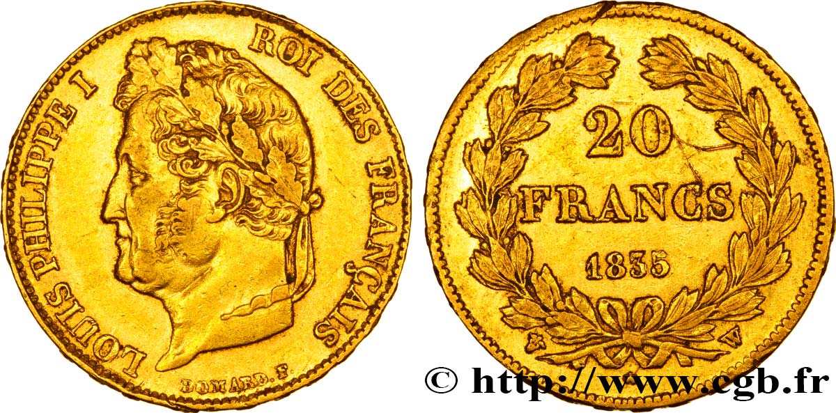 20 francs or Louis-Philippe, Domard 1835 Lille F.527/13 SS45 