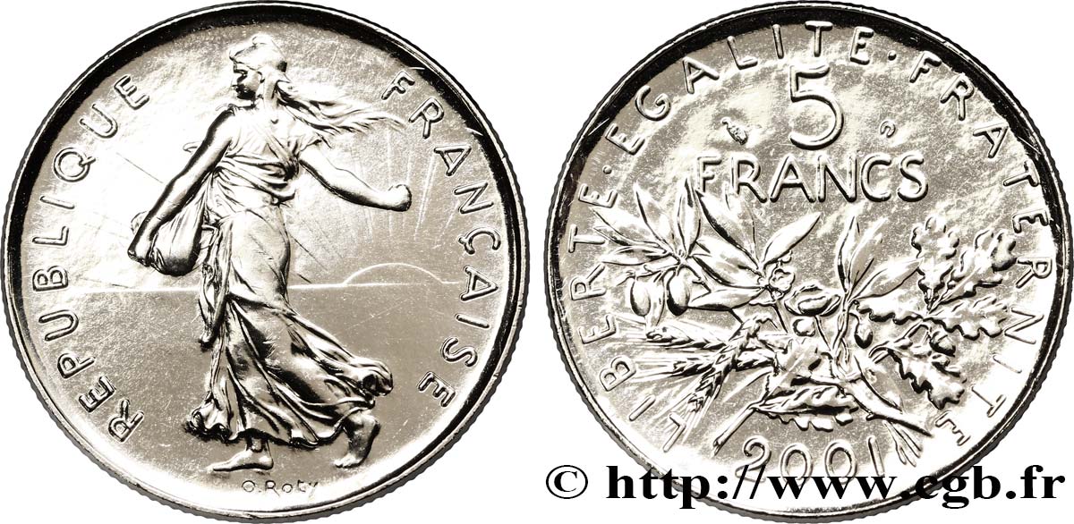 5 francs Semeuse, nickel, BU (Brillant Universel) 2001 Pessac F.341/37 MS64 