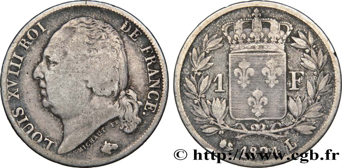 1 franc Louis XVIII 1824 Bayonne F.206/62 TB25 