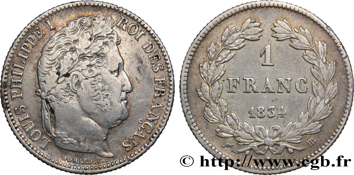 1 franc Louis-Philippe, couronne de chêne 1834 Strasbourg F.210/29 MBC48 