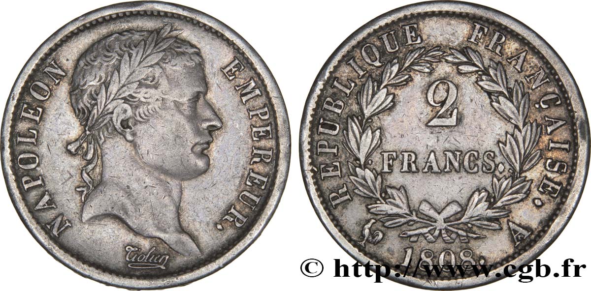 2 francs Napoléon Ier tête laurée, République française 1808 Paris F.254/4 MBC48 