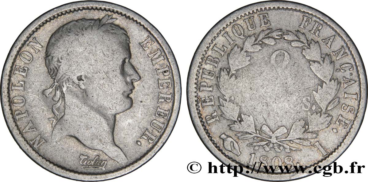 2 francs Napoléon Ier tête laurée, République française 1808 Limoges F.254/6 RC10 