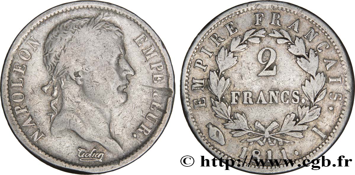 2 francs Napoléon Ier tête laurée, Empire français 1811 Limoges F.255/29 TB20 