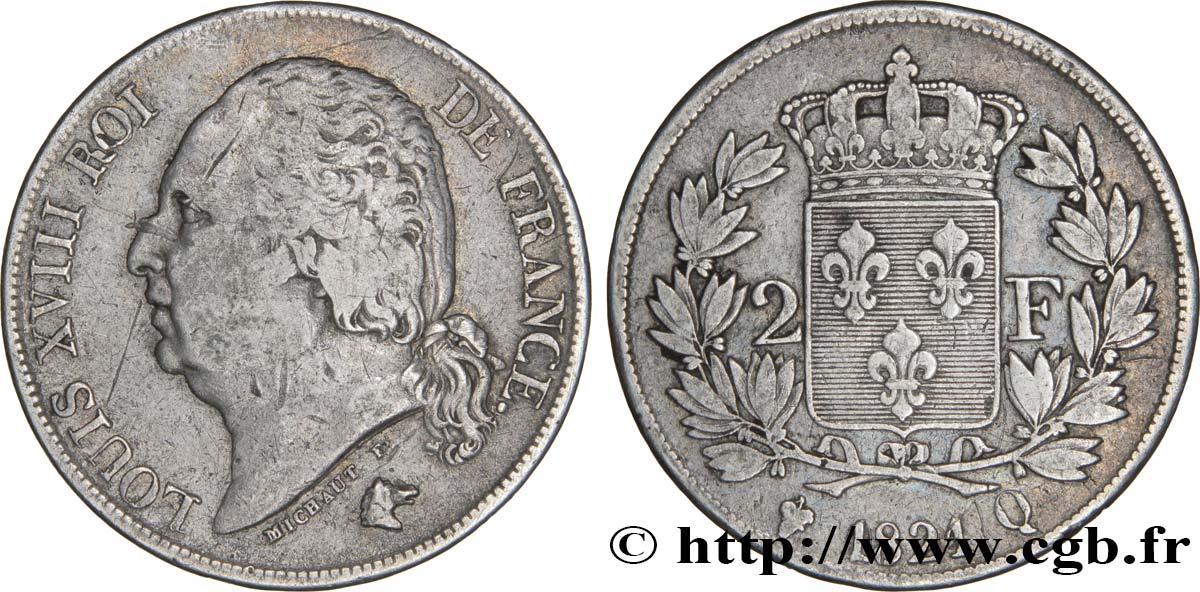 2 francs Louis XVIII 1821 Perpignan F.257/34 TB30 