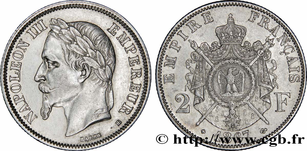 2 francs Napoléon III, tête laurée 1867 Strasbourg F.263/6 SS45 