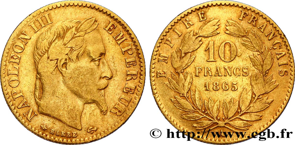 10 francs or Napoléon III, tête laurée 1865 Paris F.507A/9 BC35 