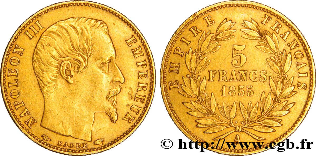 5 francs or Napoléon III, tête nue, petit module, tranche cannelée 1855 Paris F.500A/2 TTB50 