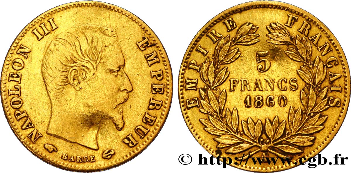 5 francs or Napoléon III, tête nue, grand module 1860 Paris F.501/10 TB 