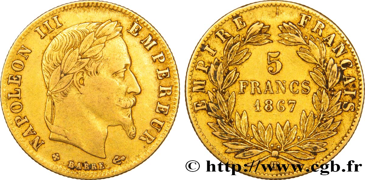5 francs or Napoléon III, tête laurée 1867 Strasbourg F.502/12 BB45 