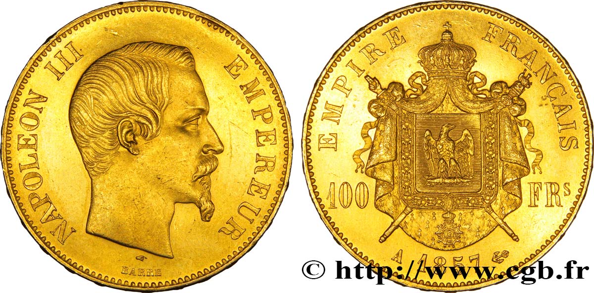 100 francs or Napoléon III, tête nue 1857 Paris F.550/4 AU55 
