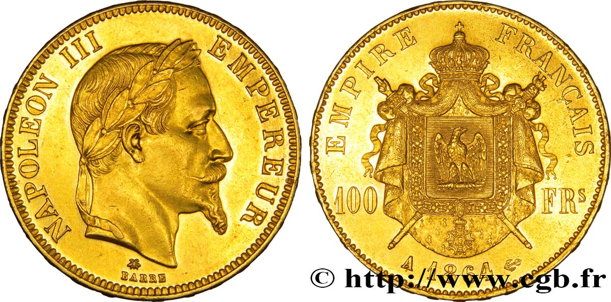 100 francs or Napoléon III, tête laurée 1864 Paris F.551/4 SS50 