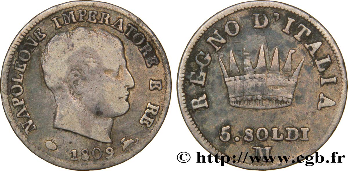 5 soldi Napoléon Empereur et Roi d’Italie 1809 Milan M.279  VF30 