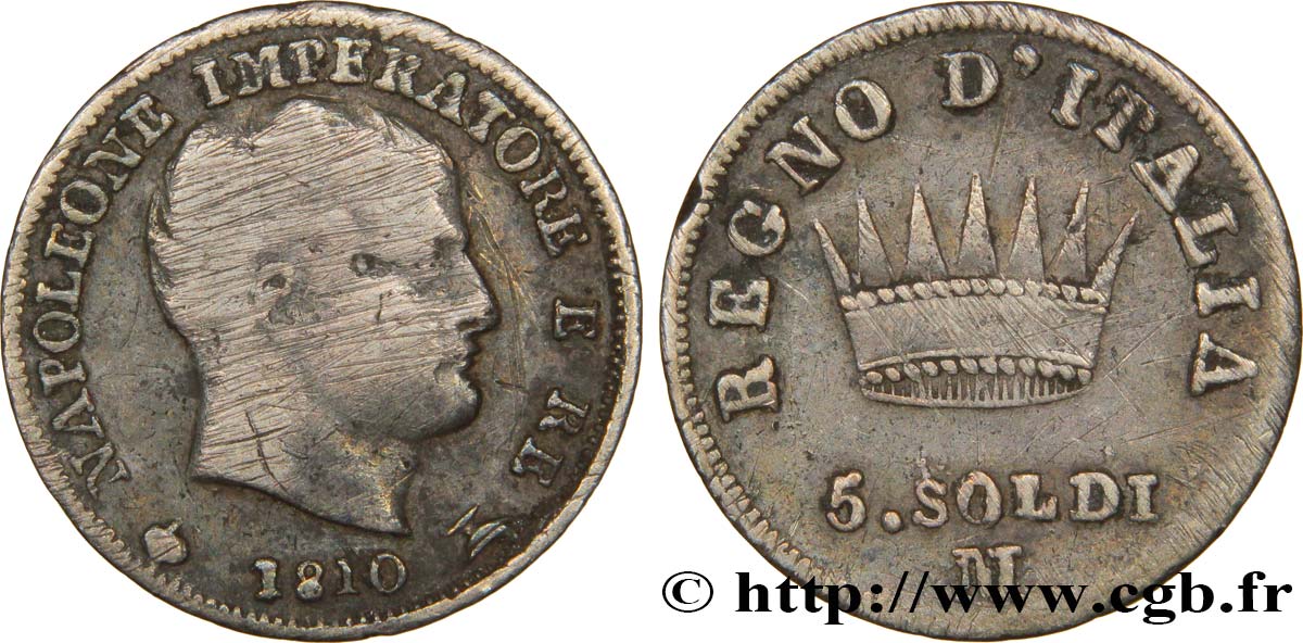 5 soldi Napoléon Empereur et Roi d’Italie 1810 Milan M.280  MB20 