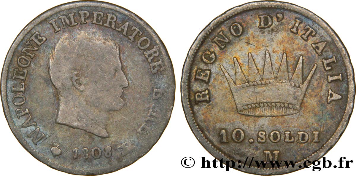 10 soldi Napoléon Empereur et Roi d’Italie 1808 Milan M.270  VF20 