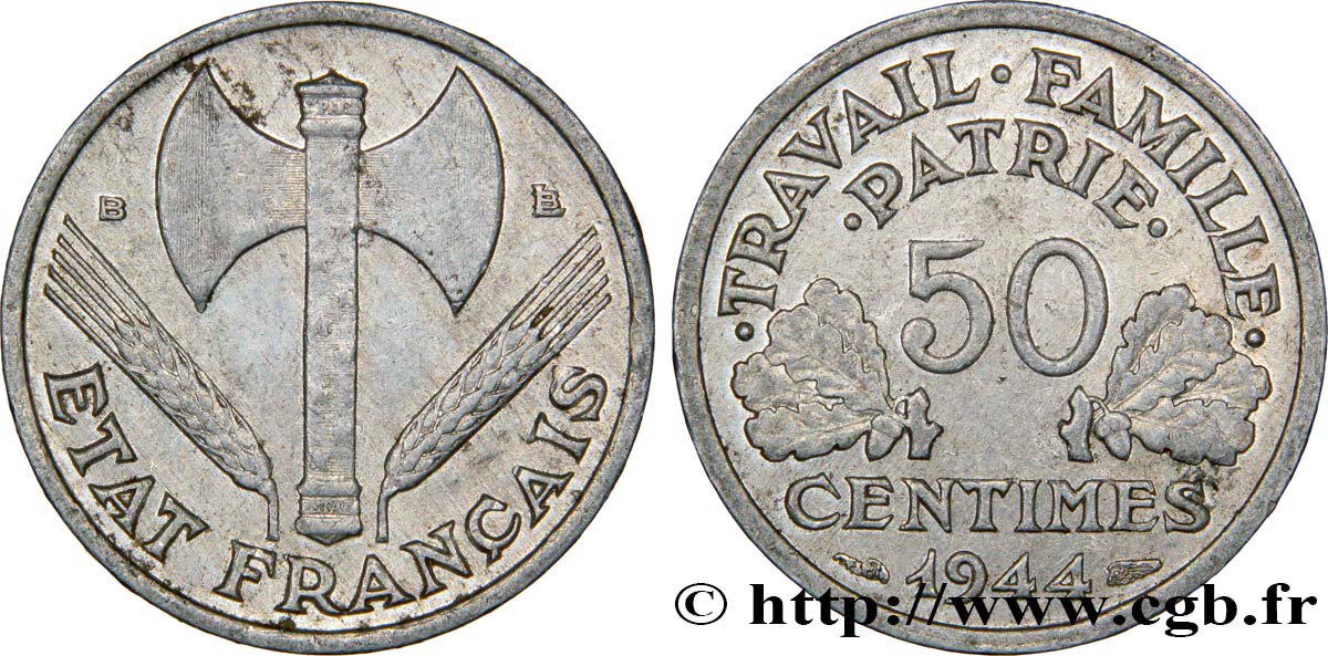 50 centimes Francisque, légère 1944 Beaumont-Le-Roger F.196/5 MBC50 