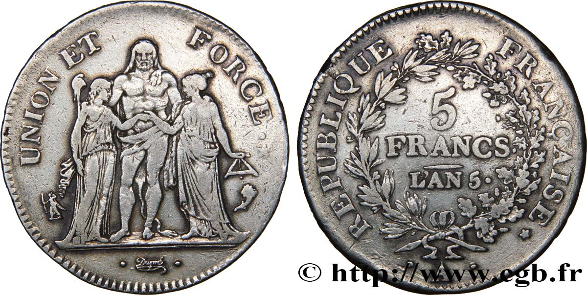5 francs Union et Force, Union serré, avec glands intérieurs et gland extérieur 1797 Paris F.288/4 SS40 