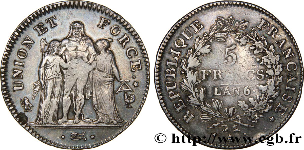 5 francs Union et Force, Union desserré, avec glands intérieurs et gland extérieur 1797 Paris F.291/17 MB35 