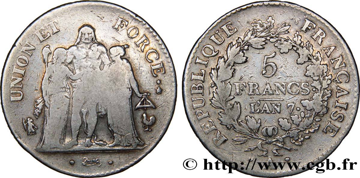 5 francs Union et Force, Union serré, seulement gland extérieur 1799 Paris F.288/102 VF20 