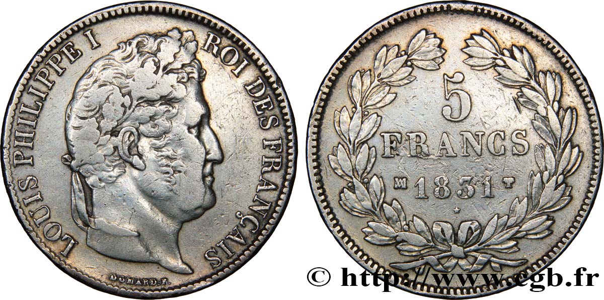 5 francs Ier type Domard, tranche en creux 1831 Marseille F.319/6 XF40 